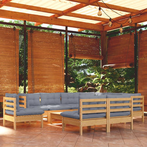 vidaXL 10-piece Garden Lounge Set with Grey Cushions Solid Pine Wood