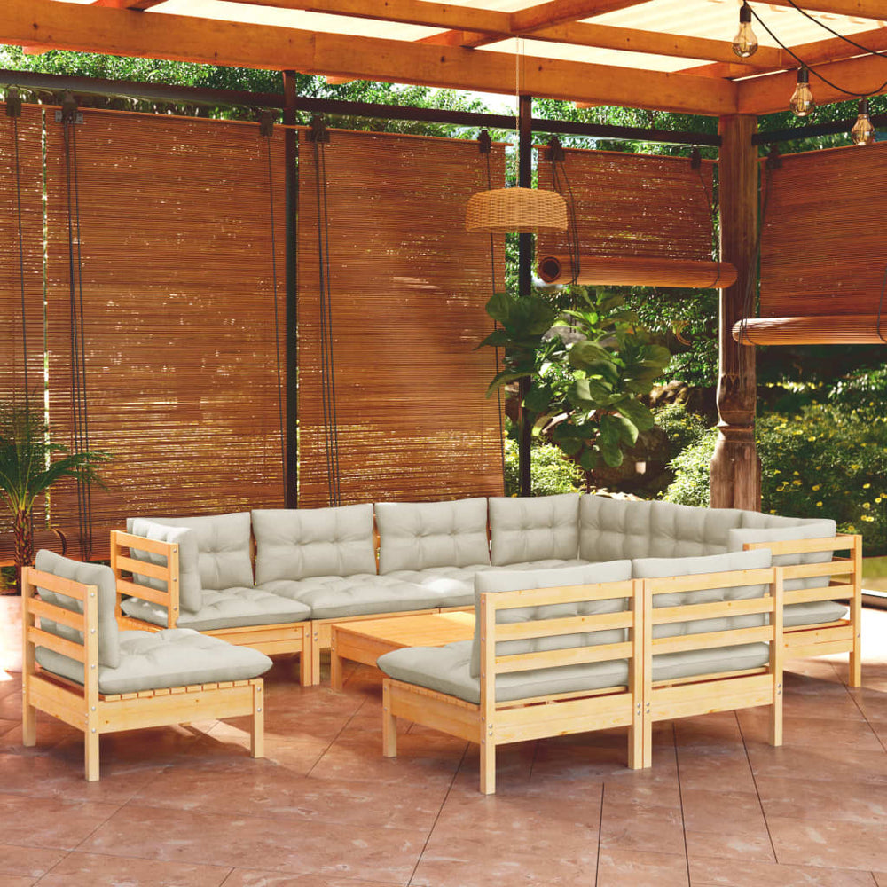 vidaXL 10-piece Garden Lounge Set with Cream Cushions Solid Pine Wood