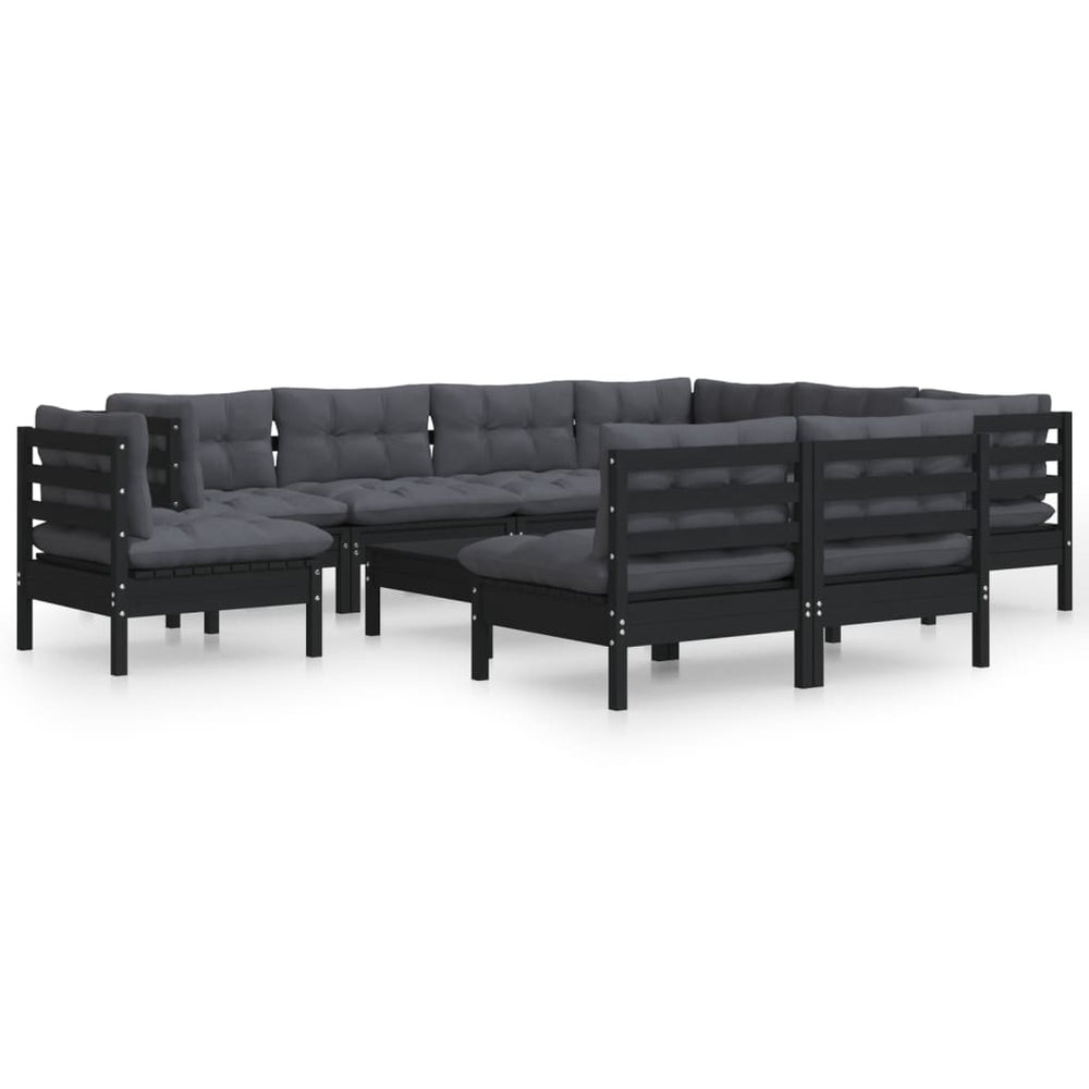 vidaXL 10-piece Garden Lounge Set with Cushions Black Solid Pine Wood