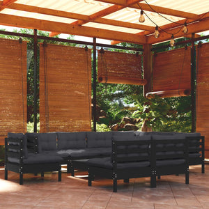 vidaXL 10-piece Garden Lounge Set with Cushions Black Solid Pine Wood