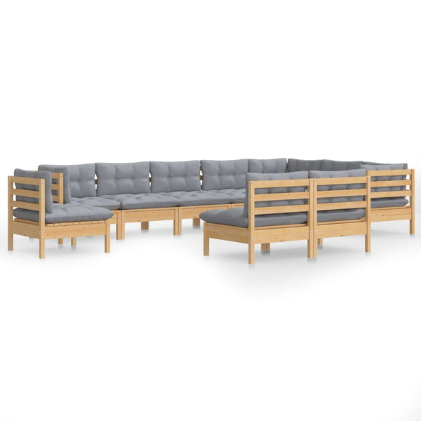vidaXL 10-piece Garden Lounge Set with Grey Cushions Solid Pine Wood