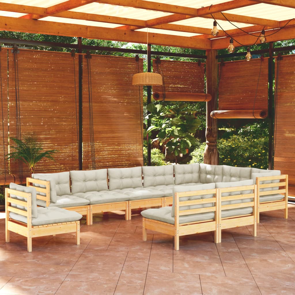 vidaXL 10-piece Garden Lounge Set with Cream Cushions Solid Pine Wood