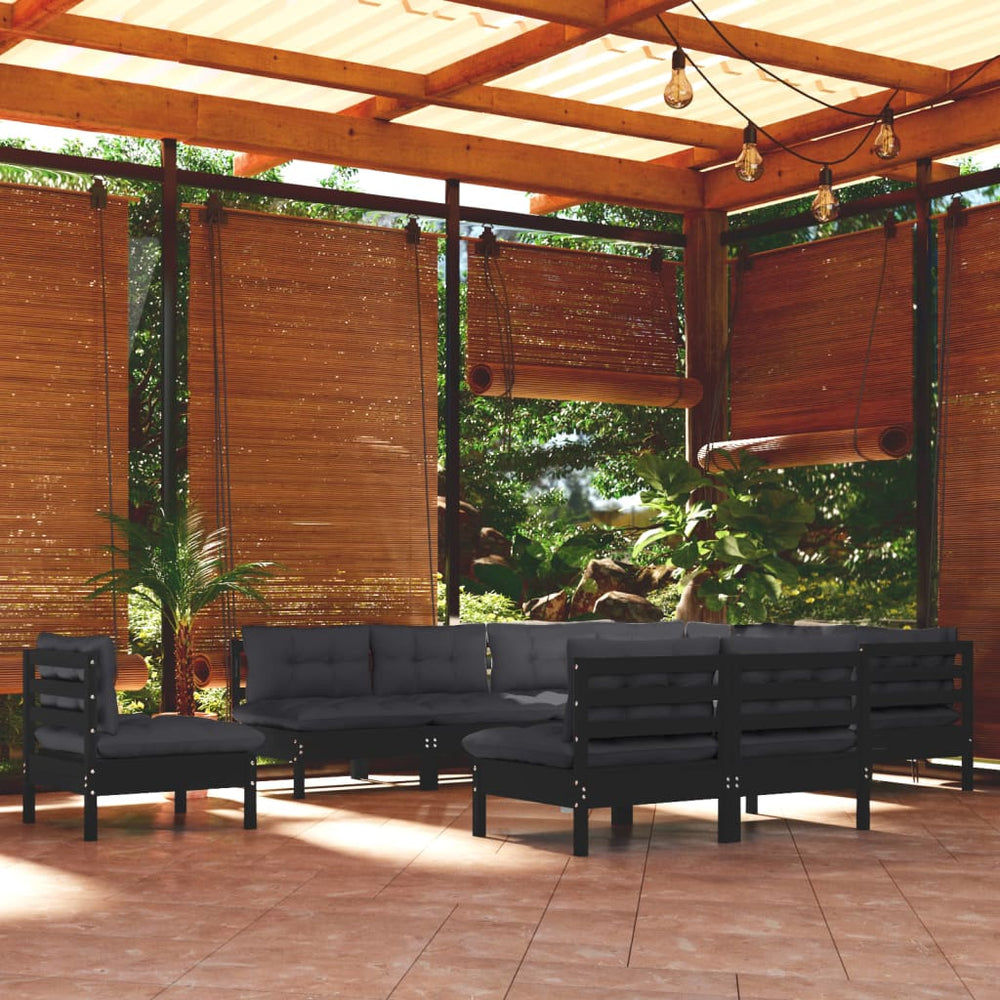 vidaXL 10-piece Garden Lounge Set with Cushions Black Solid Pine Wood
