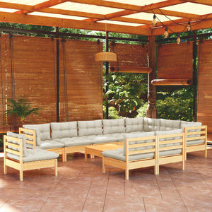 vidaXL 11-Piece Garden Lounge Set with Cream Cushions Solid Pine Wood
