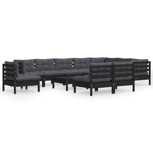 vidaXL 11-Piece Garden Lounge Set with Cushions Black Solid Pine Wood