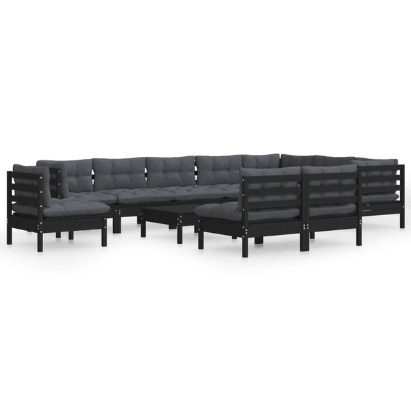 vidaXL 11-Piece Garden Lounge Set with Cushions Black Solid Pine Wood