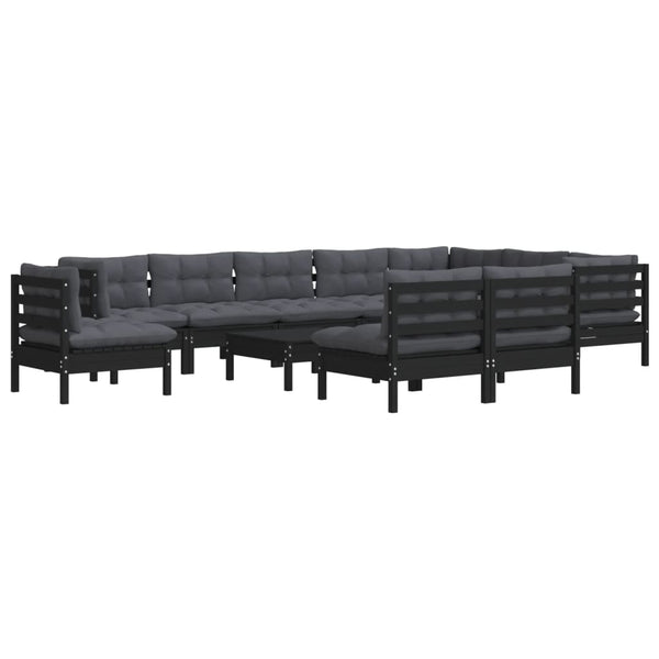 vidaXL 11-Piece Garden Lounge Set with Cushions Black Solid Pine Wood