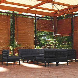 vidaXL 11-Piece Garden Lounge Set with Cushions Black Solid Pine Wood
