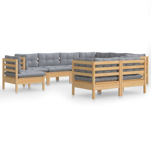 vidaXL 9-piece Garden Lounge Set with Grey Cushions Solid Pine Wood
