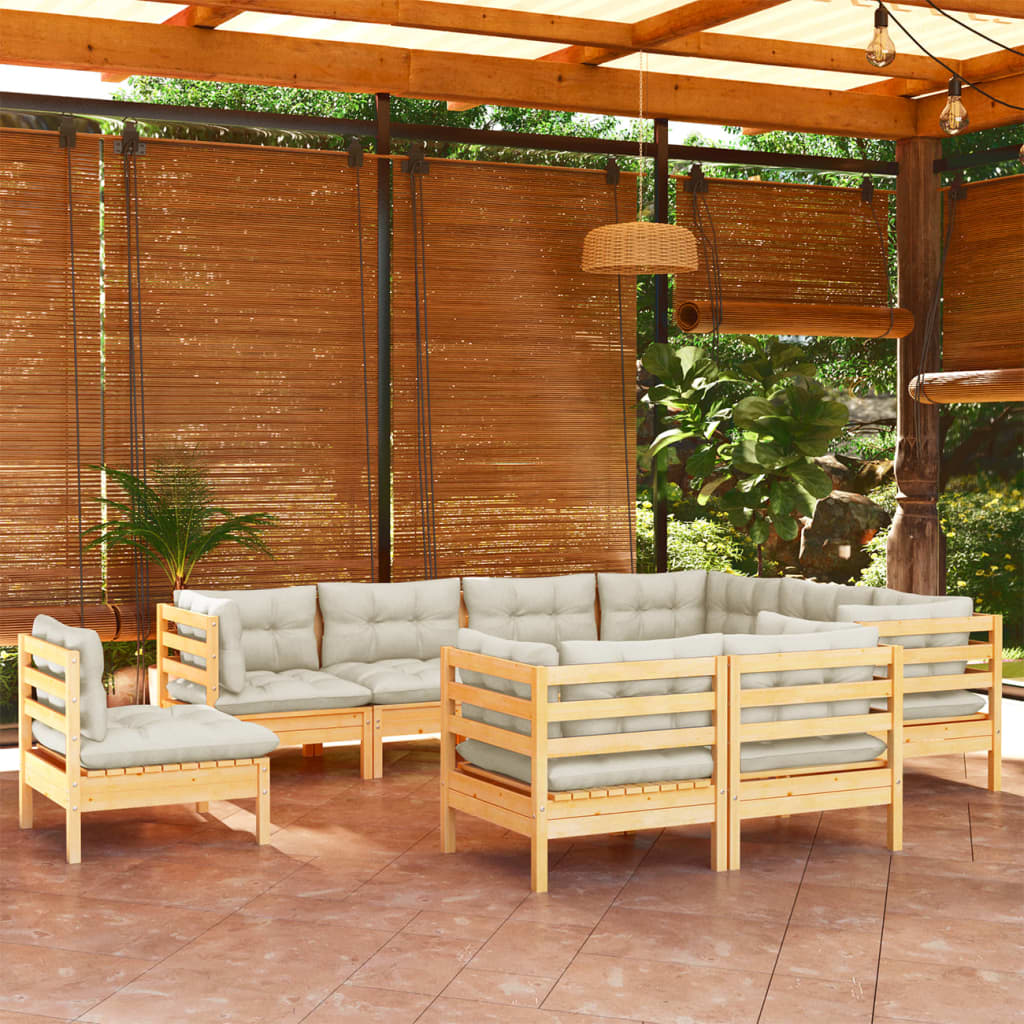 vidaXL 9-piece Garden Lounge Set with Cream Cushions Solid Pine Wood