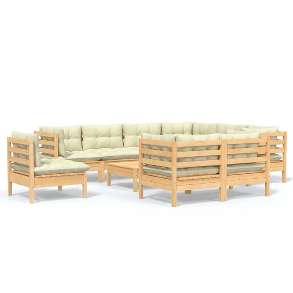 vidaXL 10-piece Garden Lounge Set with Cream Cushions Solid Pine Wood