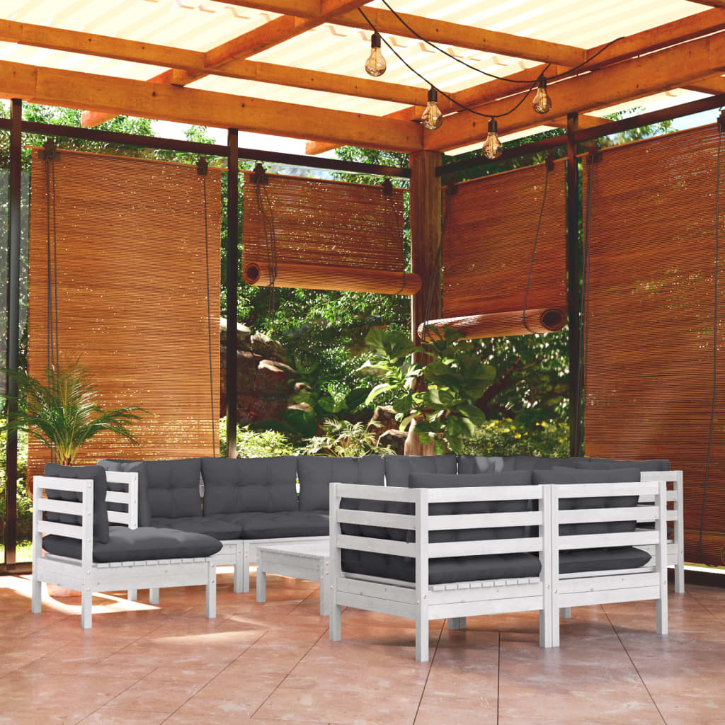 vidaXL 10-Piece Garden Lounge Set with Cushions White Solid Pine Wood