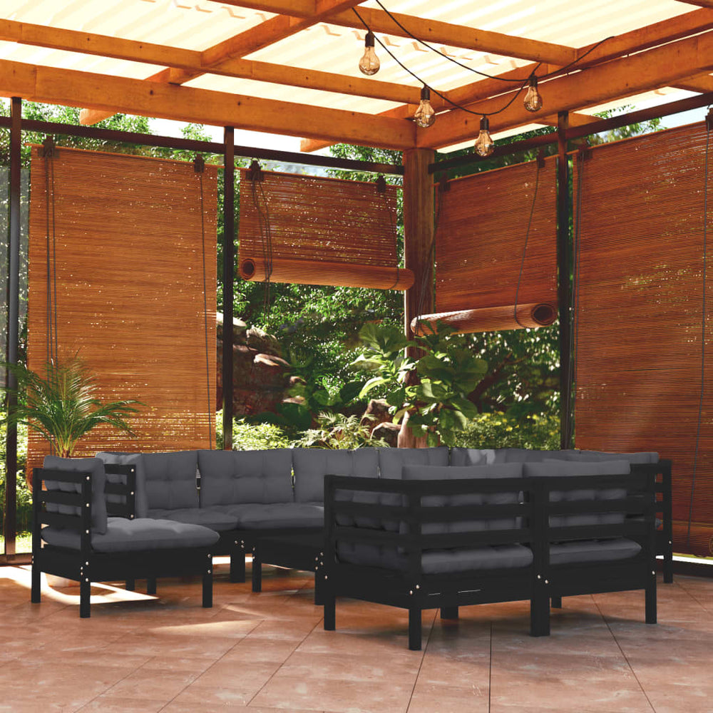 vidaXL 10-piece Garden Lounge Set with Cushions Black Solid Pine Wood
