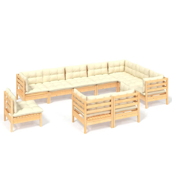 vidaXL 10-piece Garden Lounge Set with Cream Cushions Solid Pine Wood