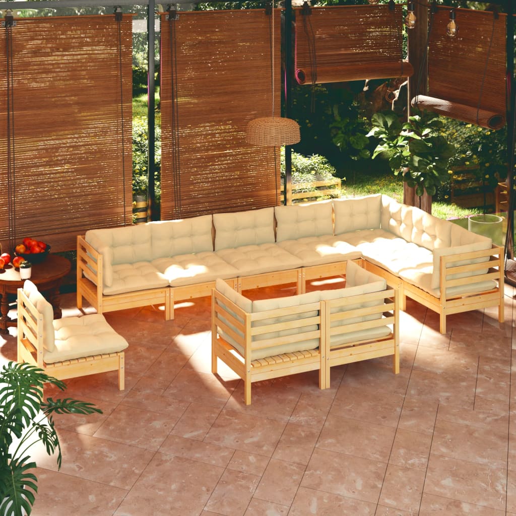 vidaXL 10-piece Garden Lounge Set with Cream Cushions Solid Pine Wood
