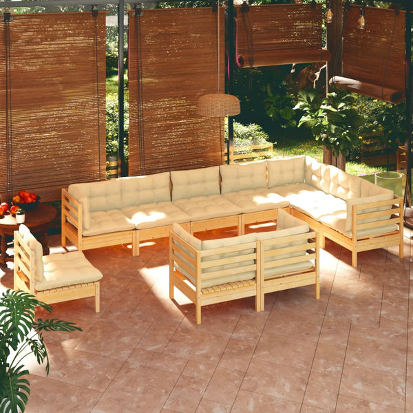 vidaXL 10-piece Garden Lounge Set with Cream Cushions Solid Pine Wood