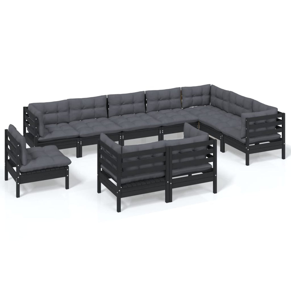vidaXL 10-piece Garden Lounge Set with Cushions Black Solid Pine Wood