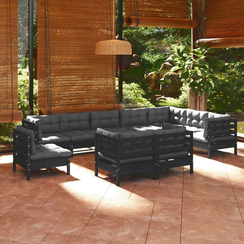 vidaXL 10-piece Garden Lounge Set with Cushions Black Solid Pine Wood