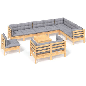 vidaXL 11-piece Garden Lounge Set with Grey Cushions Solid Pine Wood