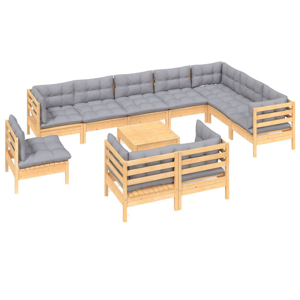 vidaXL 11-piece Garden Lounge Set with Grey Cushions Solid Pine Wood