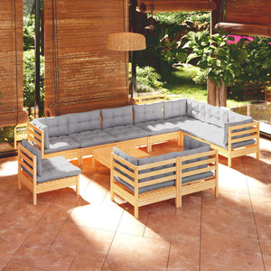 vidaXL 11-piece Garden Lounge Set with Grey Cushions Solid Pine Wood