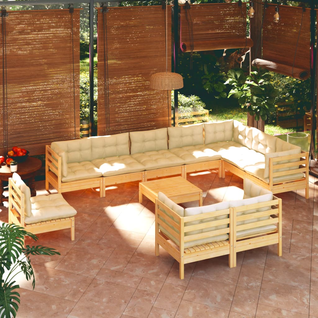 vidaXL 11-Piece Garden Lounge Set with Cream Cushions Solid Pine Wood