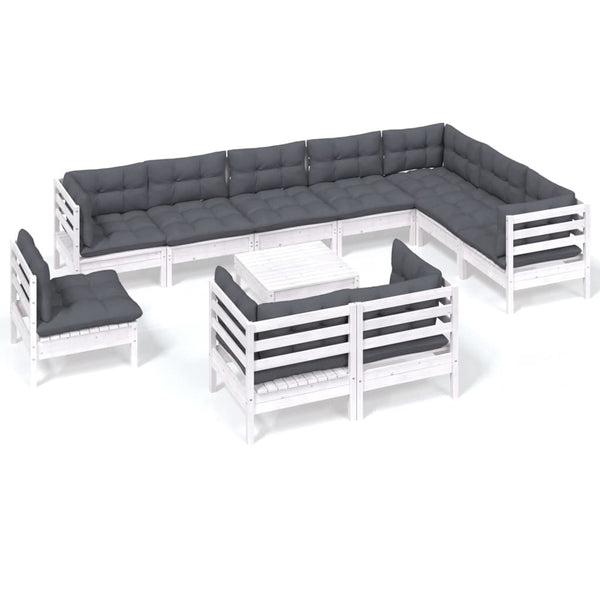 vidaXL 11-piece Garden Lounge Set with Cushions White Solid Pine Wood