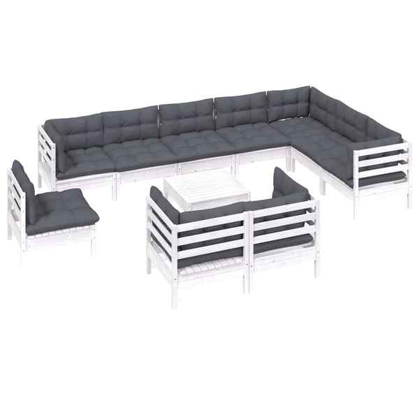 vidaXL 11-piece Garden Lounge Set with Cushions White Solid Pine Wood