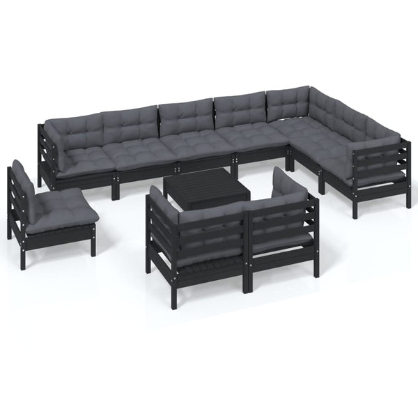 vidaXL 11-Piece Garden Lounge Set with Cushions Black Solid Pine Wood