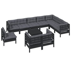 vidaXL 11-Piece Garden Lounge Set with Cushions Black Solid Pine Wood