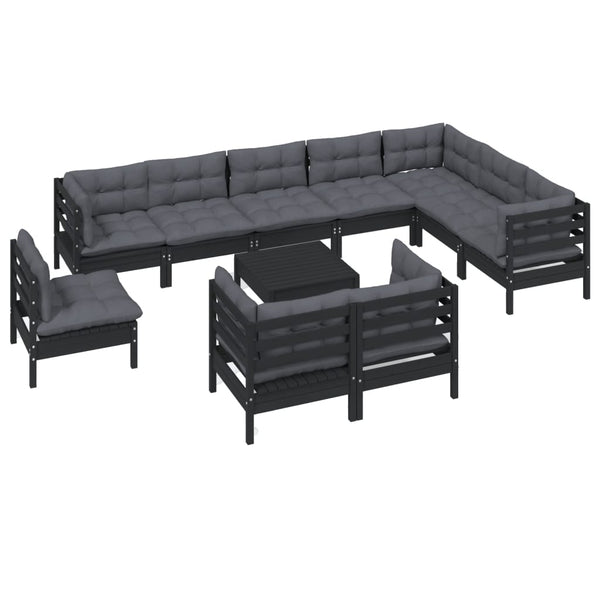 vidaXL 11-Piece Garden Lounge Set with Cushions Black Solid Pine Wood