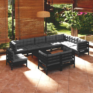 vidaXL 11-Piece Garden Lounge Set with Cushions Black Solid Pine Wood