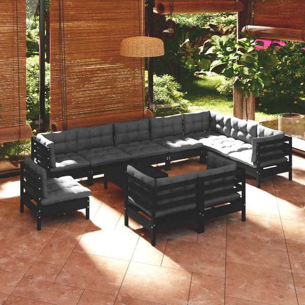vidaXL 11-Piece Garden Lounge Set with Cushions Black Solid Pine Wood