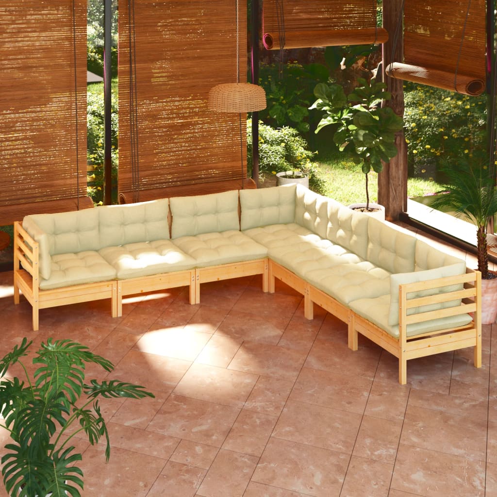 vidaXL 7-piece Garden Lounge Set with Cream Cushions Solid Pine Wood