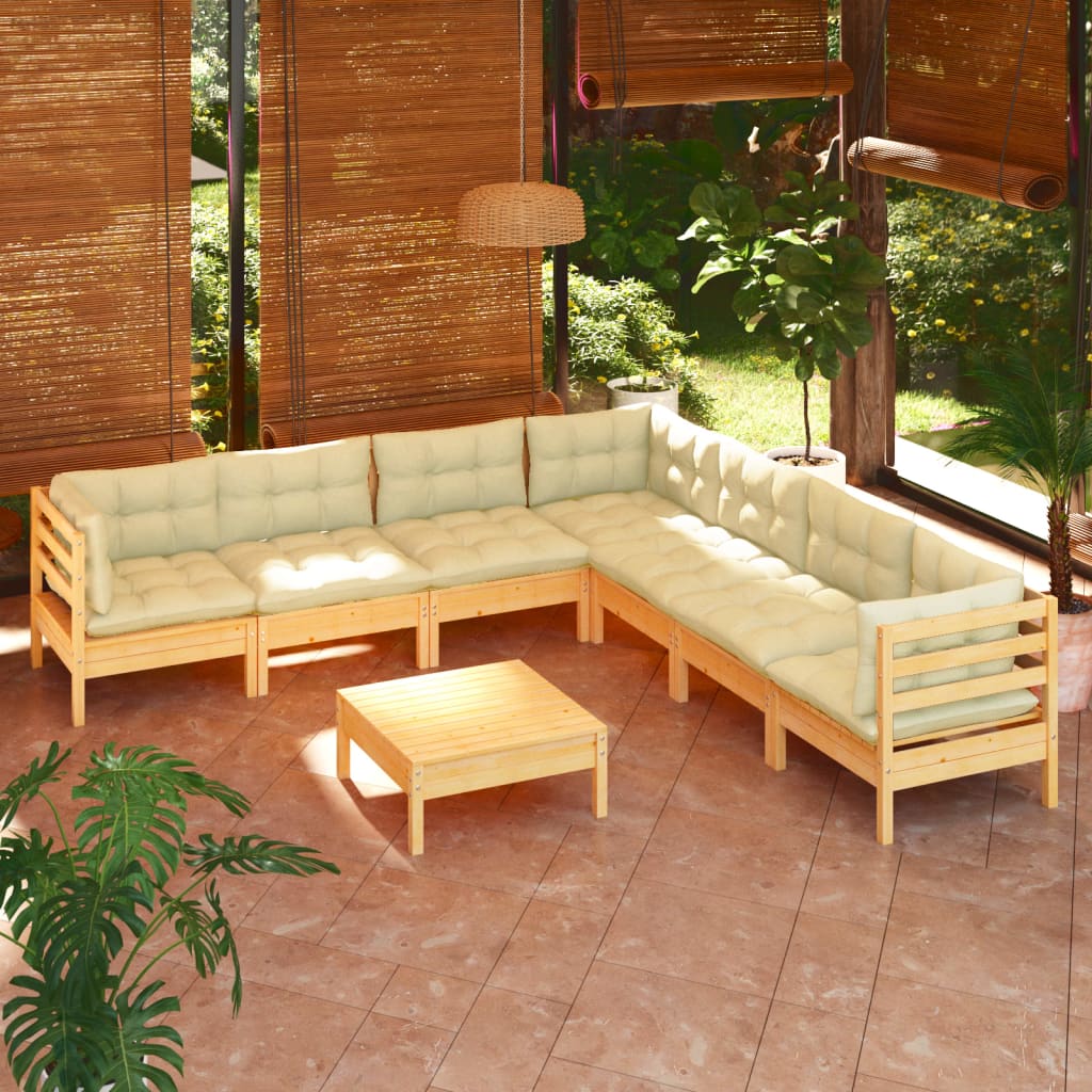 vidaXL 8-Piece Garden Lounge Set with Cream Cushions Solid Pine Wood