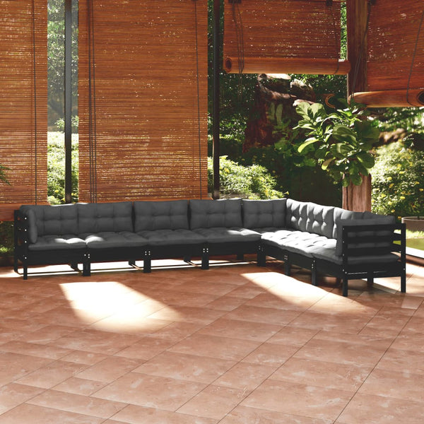 vidaXL 8-piece Garden Lounge Set with Cushions Black Solid Pine Wood