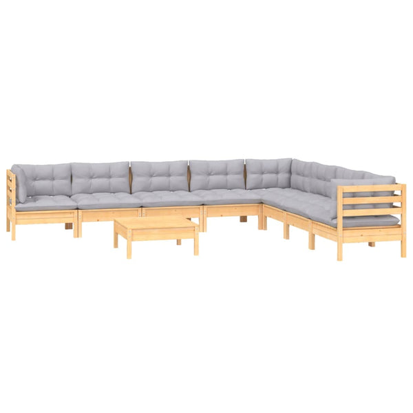 vidaXL 9-piece Garden Lounge Set with Grey Cushions Solid Pine Wood