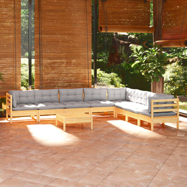 vidaXL 9-piece Garden Lounge Set with Grey Cushions Solid Pine Wood
