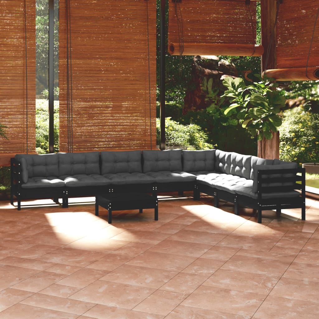 vidaXL 9-piece Garden Lounge Set with Cushions Black Solid Pine Wood