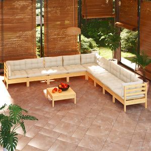 vidaXL 10-piece Garden Lounge Set with Cream Cushions Solid Pine Wood