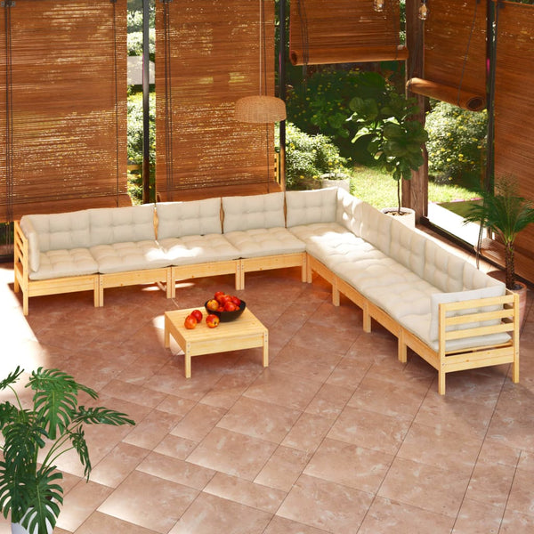 vidaXL 10-piece Garden Lounge Set with Cream Cushions Solid Pine Wood