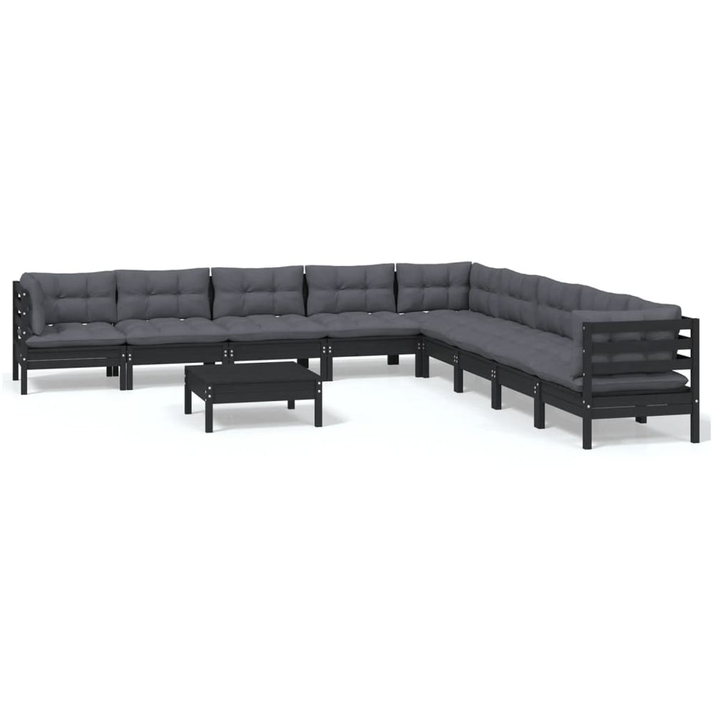 vidaXL 10-piece Garden Lounge Set with Cushions Black Solid Pine Wood