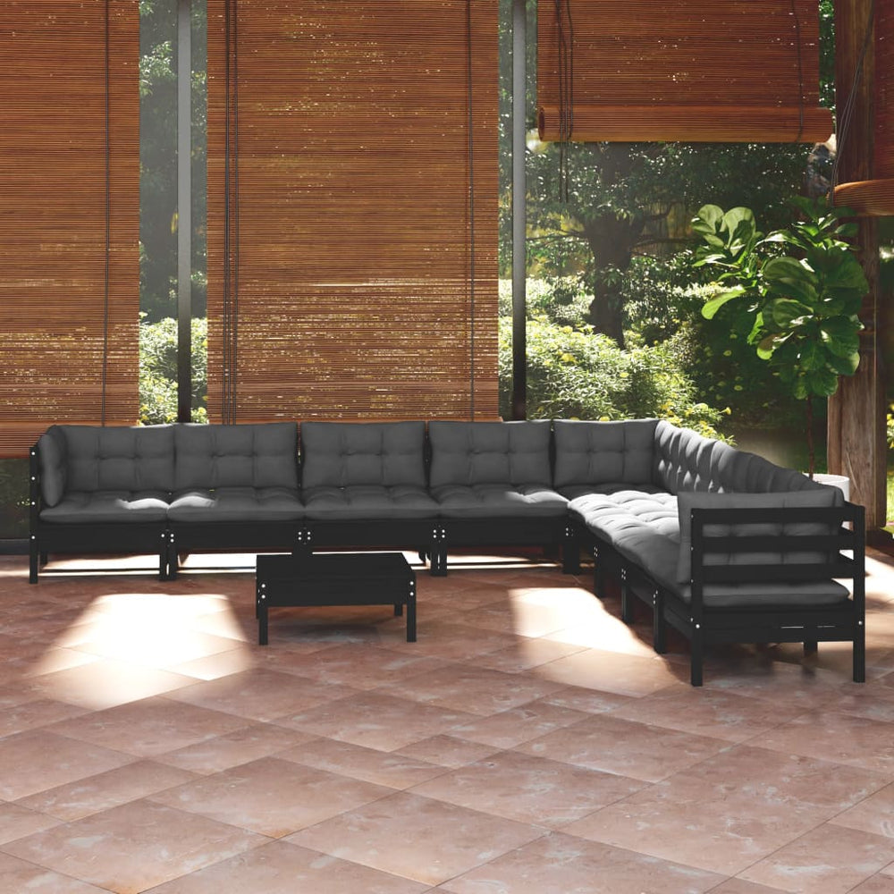 vidaXL 10-piece Garden Lounge Set with Cushions Black Solid Pine Wood