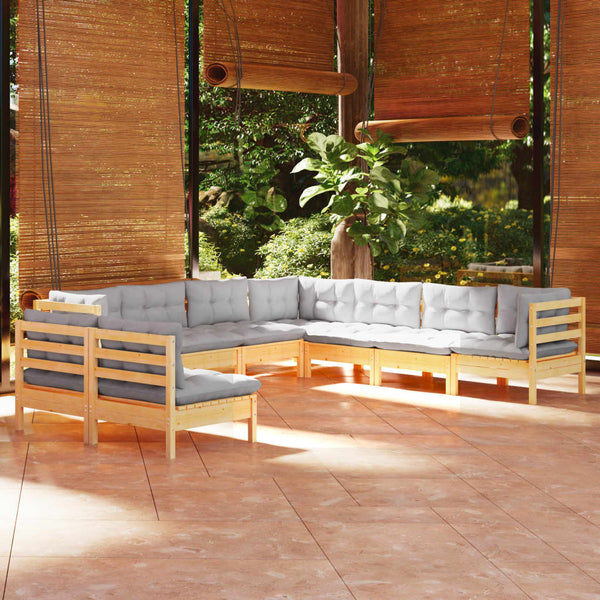 vidaXL 9-piece Garden Lounge Set with Grey Cushions Solid Pine Wood