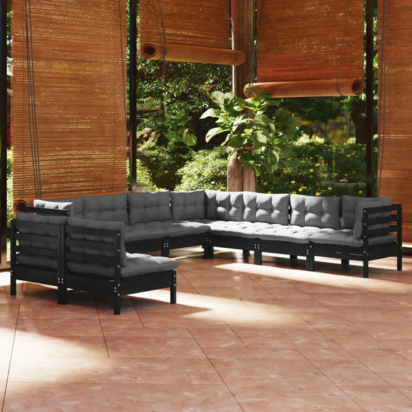 vidaXL 9-piece Garden Lounge Set with Cushions Black Solid Pine Wood