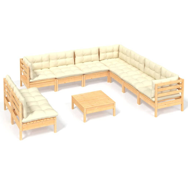 vidaXL 10-piece Garden Lounge Set with Cream Cushions Solid Pine Wood