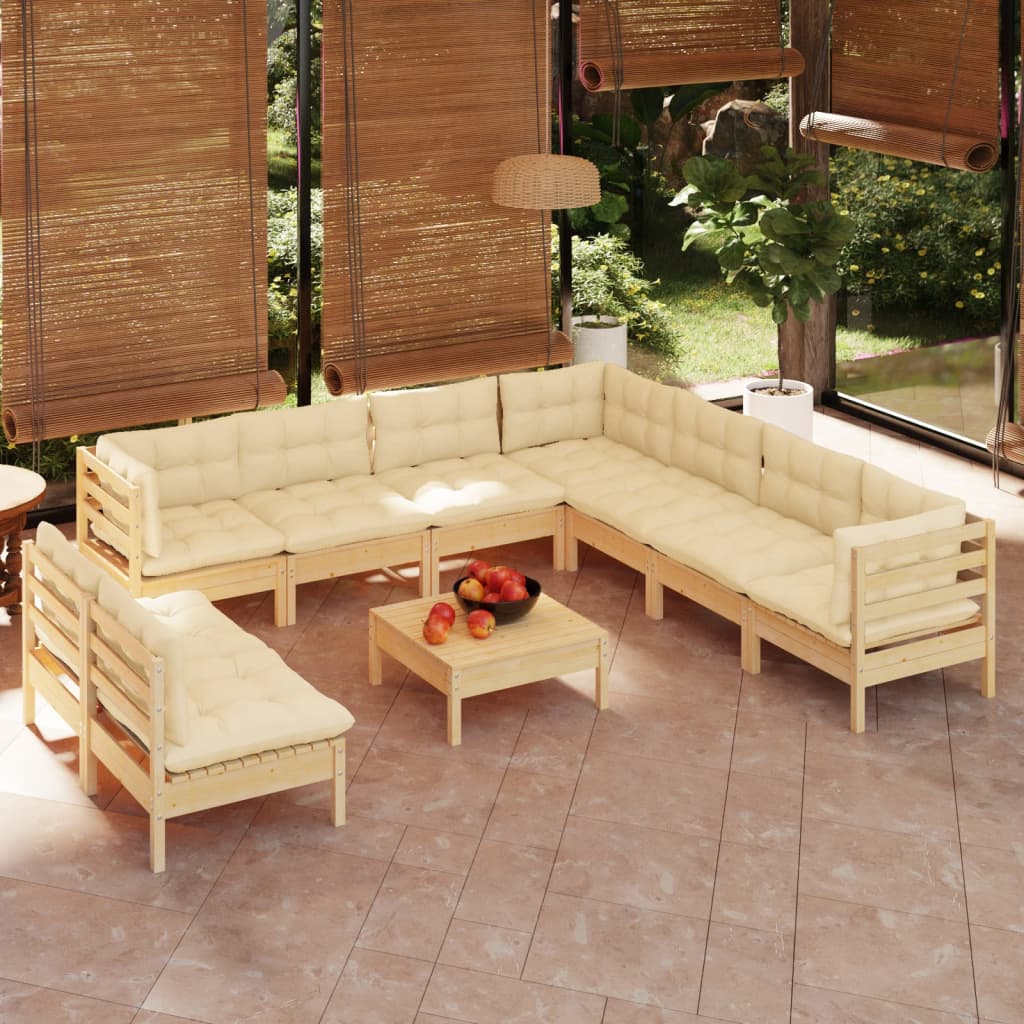 vidaXL 10-piece Garden Lounge Set with Cream Cushions Solid Pine Wood