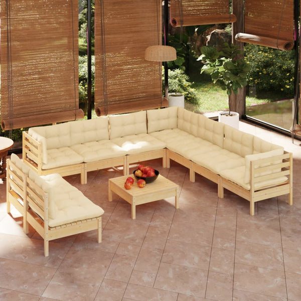 vidaXL 10-piece Garden Lounge Set with Cream Cushions Solid Pine Wood