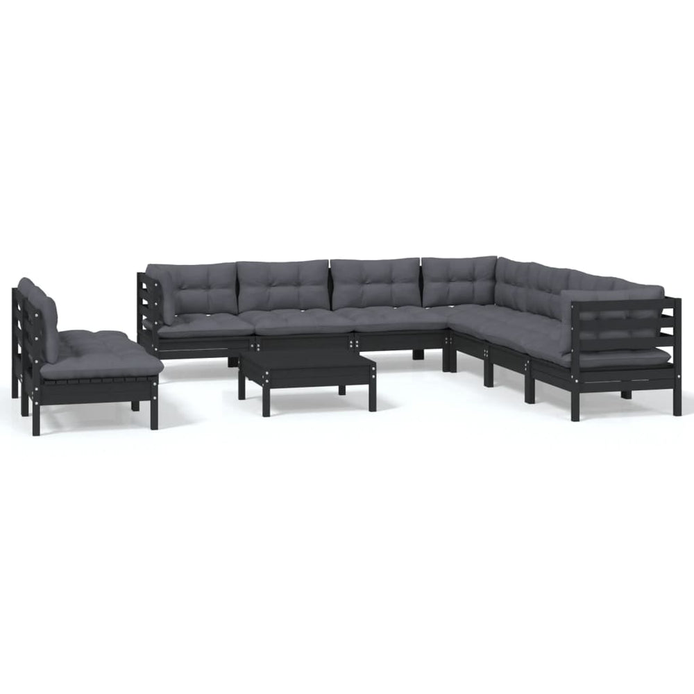 vidaXL 10-piece Garden Lounge Set with Cushions Black Solid Pine Wood