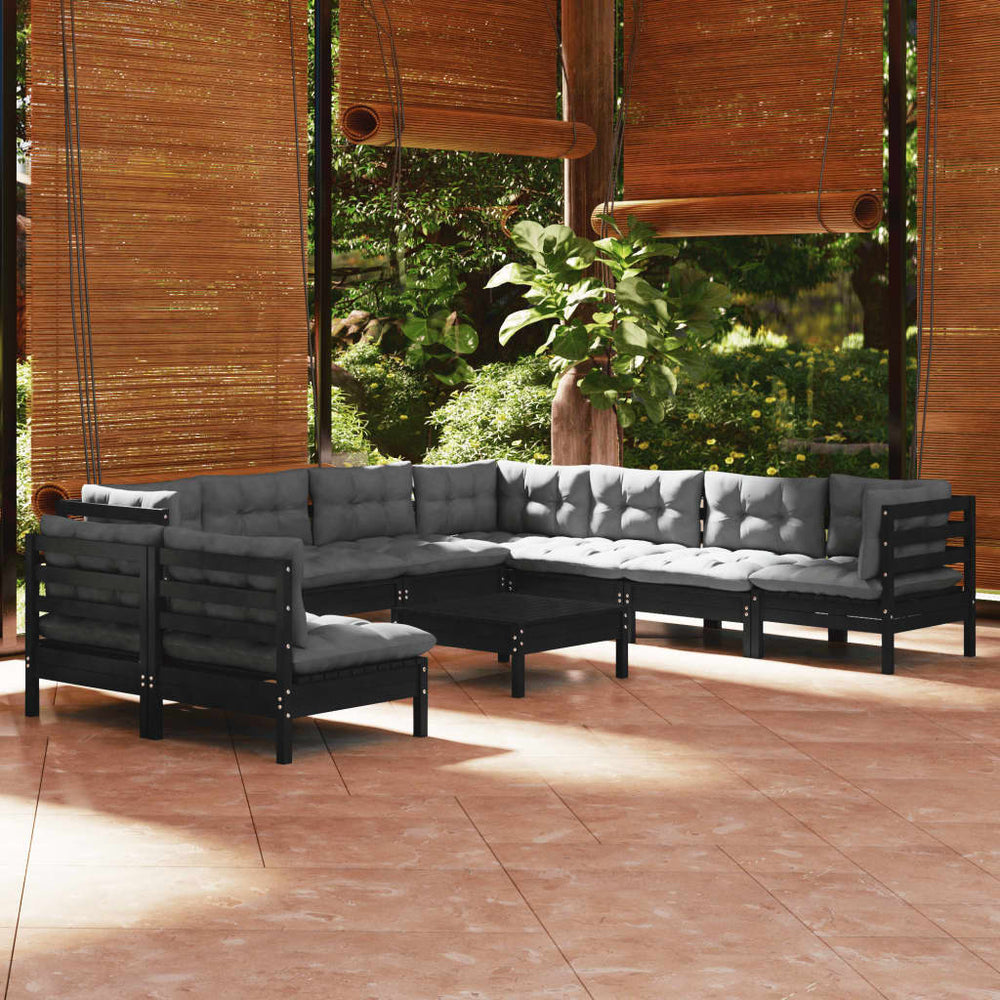 vidaXL 10-piece Garden Lounge Set with Cushions Black Solid Pine Wood